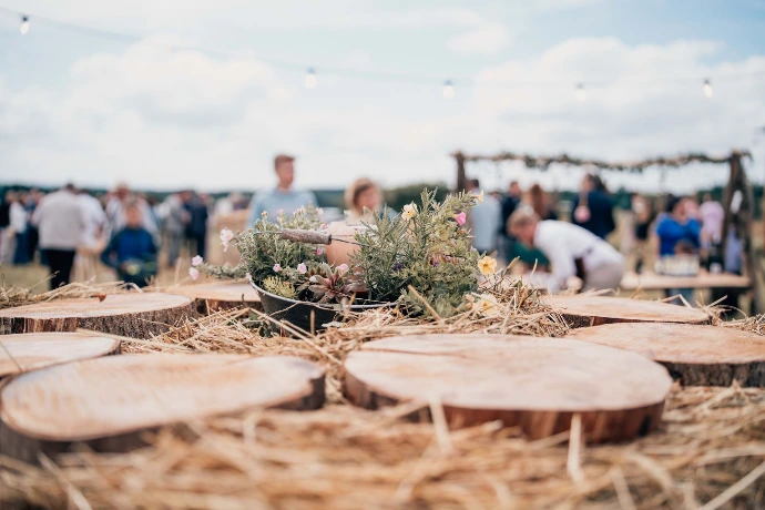 Decor champêtre, boule de foin et rondin en bois